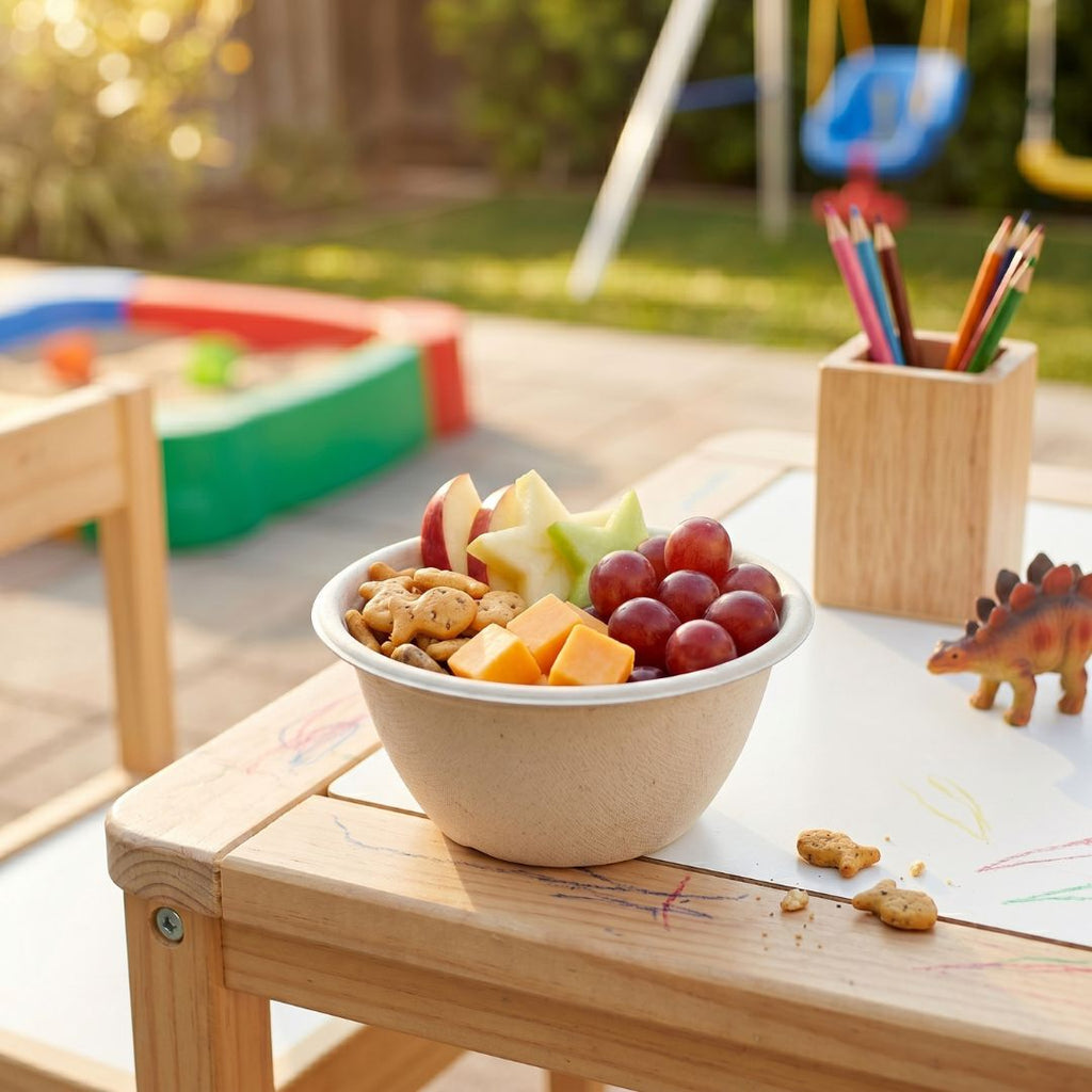Fiber bowl of fruit and snacks on a wooden table with playground in the background