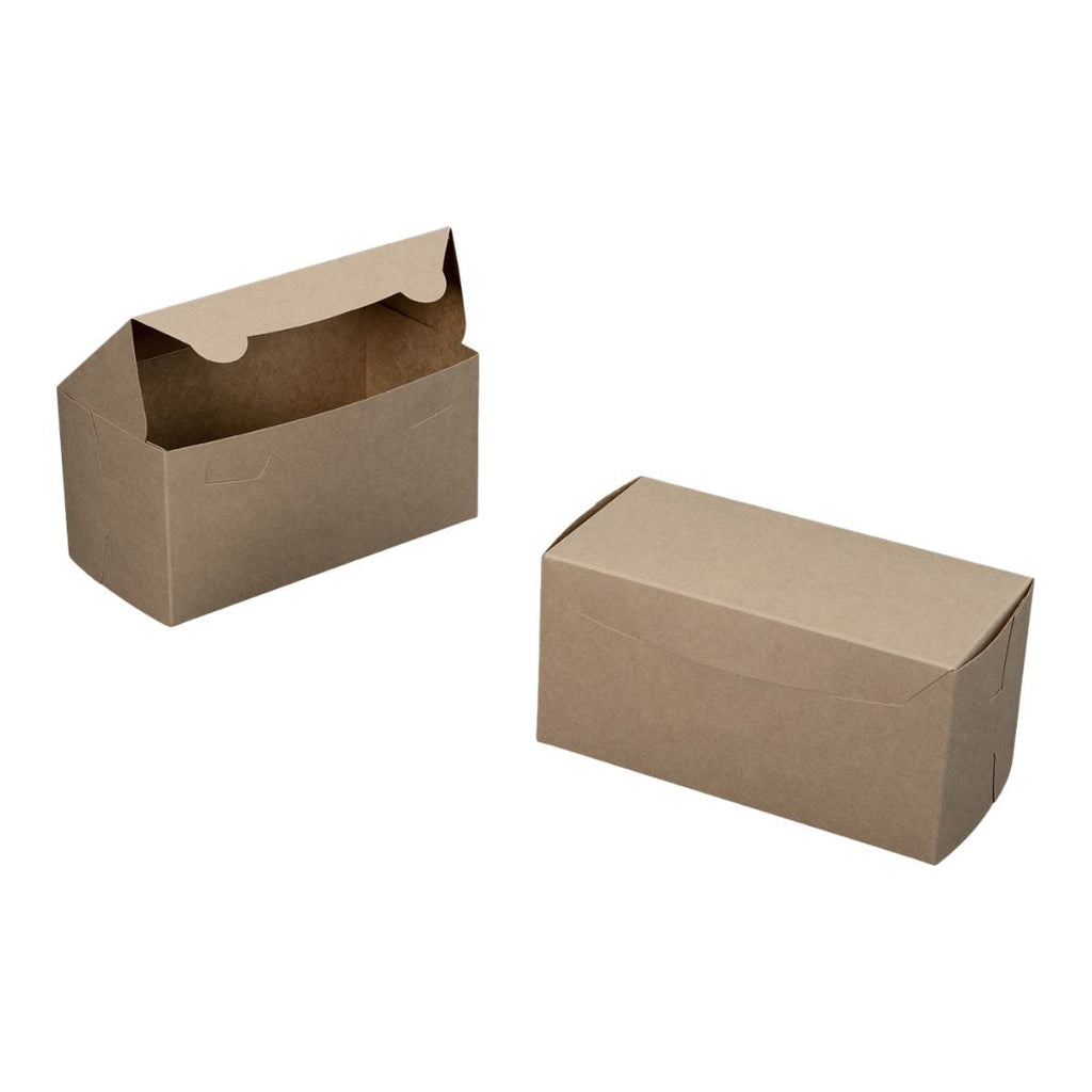 Two small brown kraft paper mailer boxes shown on a plain white background, one open and one closed.