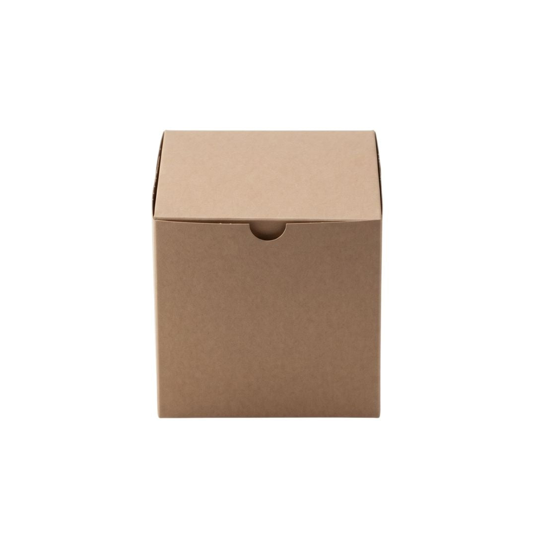 A plain brown kraft paper box with a hinged lid and a small cutout slot on the front, centered on a white background.
