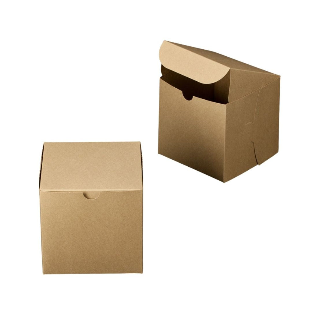 Two plain brown kraft paper boxes on a white background, one closed and one open showing the interior flap.