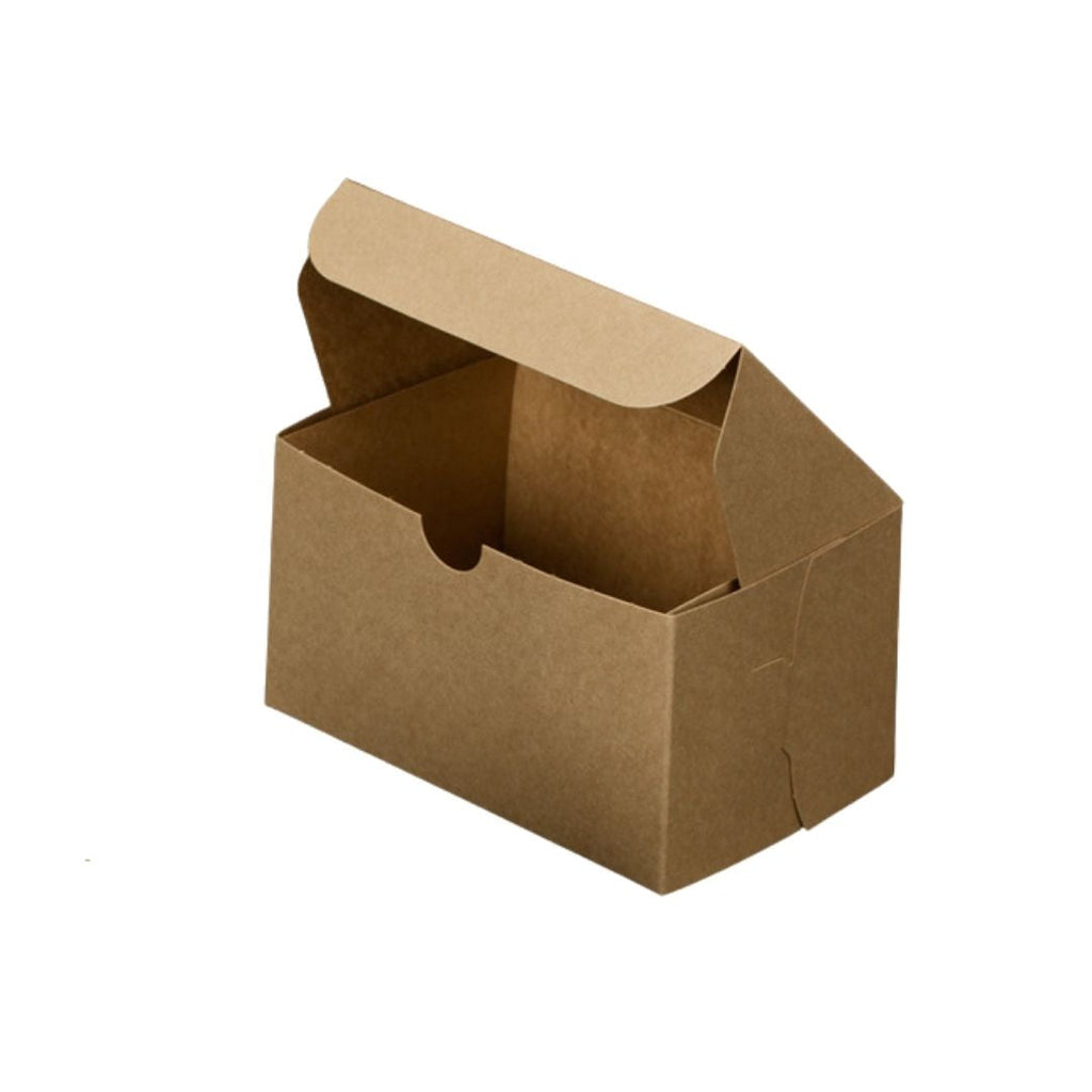 A small brown kraft paper box with an open hinged lid, shown on a plain white background.