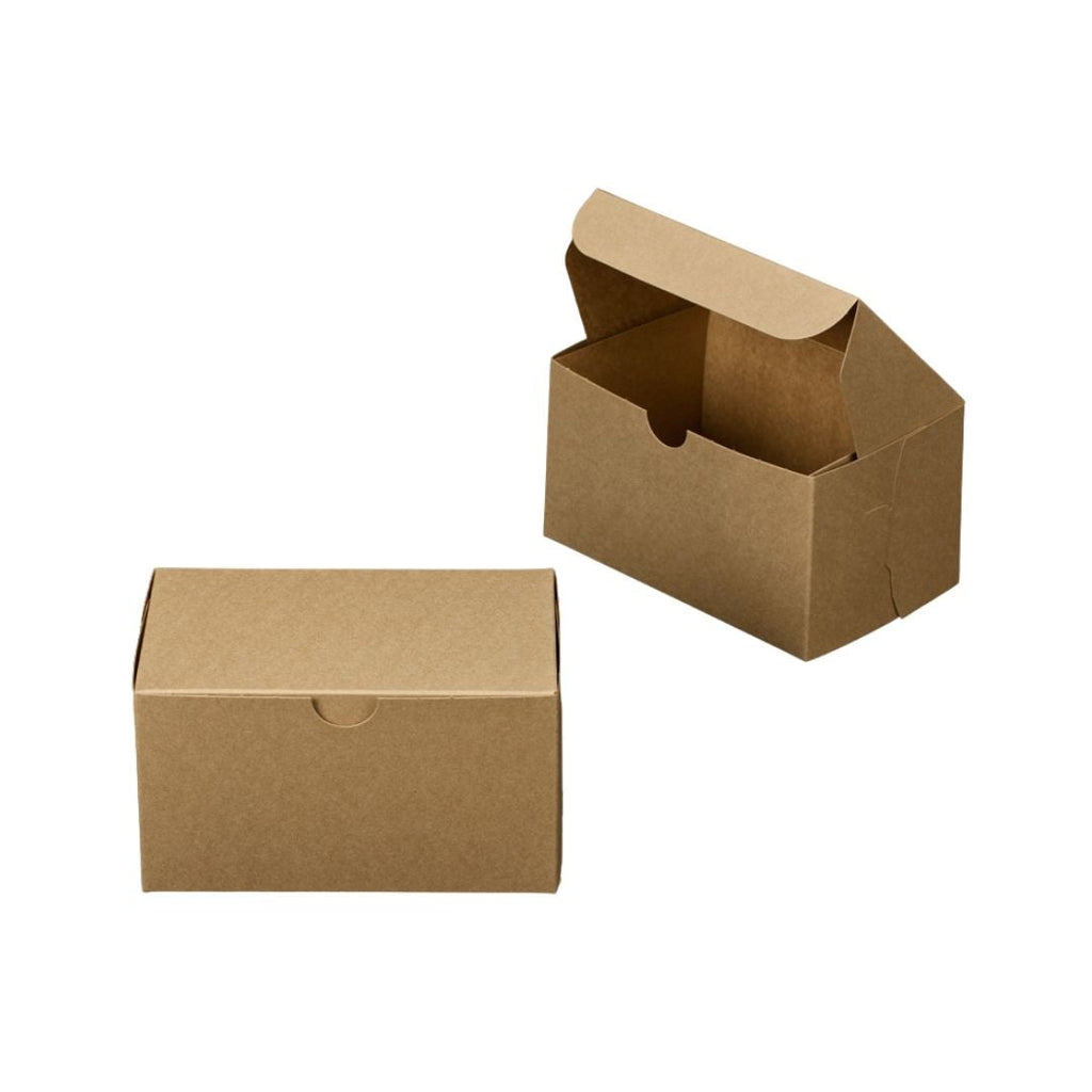 Two small brown kraft paper boxes on a plain white background, with one box closed and one open showing the interior.