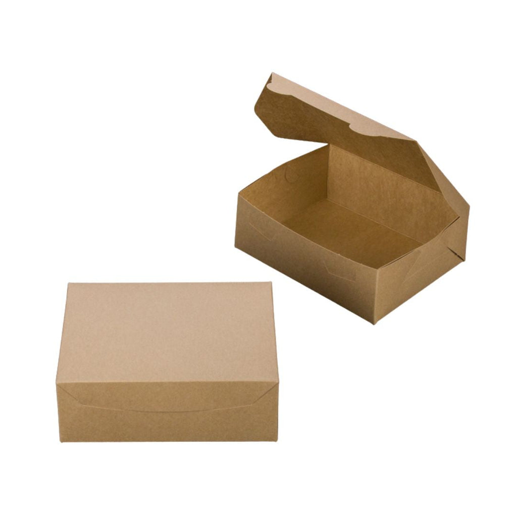 Two plain brown kraft paper boxes on a white background, with one closed box in the foreground and one open box angled behind it.