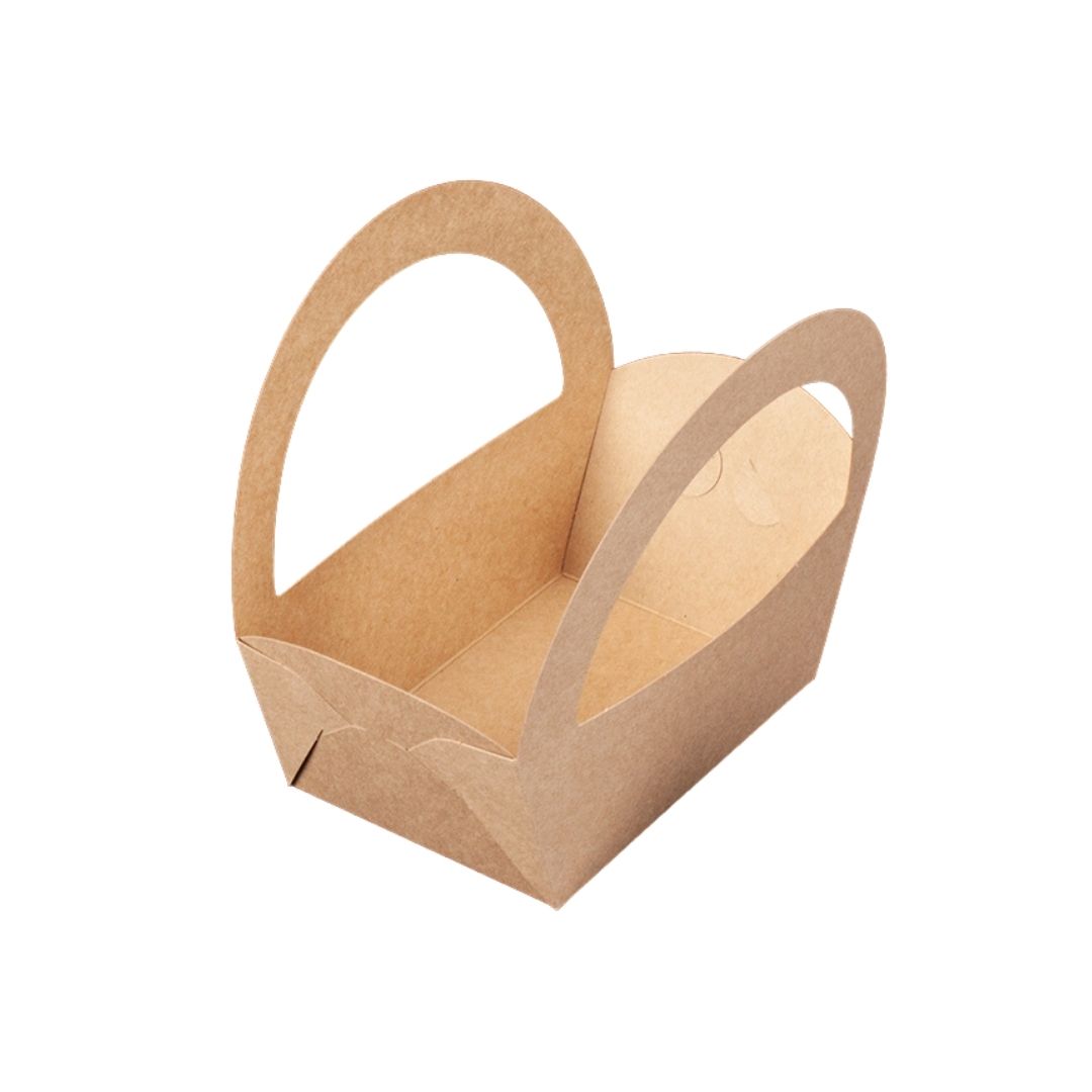 A small kraft paper food tray with integrated handles, shown on a plain white background.