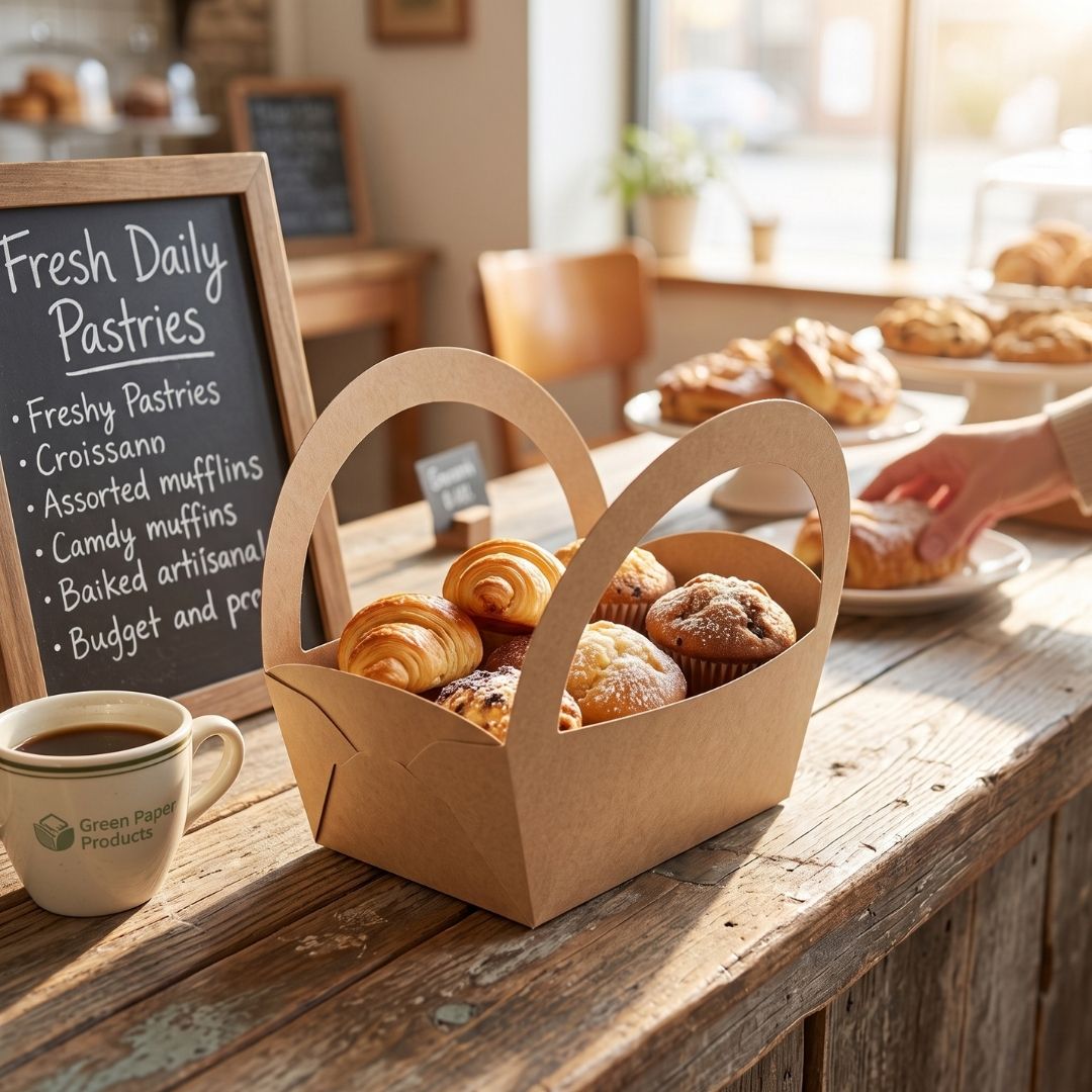 A kraft paper bakery pastries box with two handles, filled with croissants, muffins, and scones on a rustic wooden counter in a bakery setting.