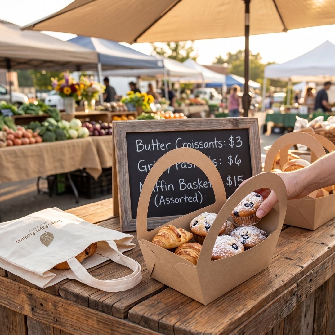 A wooden market table at an outdoor farmers' market holds kraft paper pastry holders filled with croissants and powdered pastries, a small chalkboard menu, and a cream tote bag with a leaf logo. A person's hand is placing a pastry into a kraft holder, with market stalls and umbrellas blurred in the background.