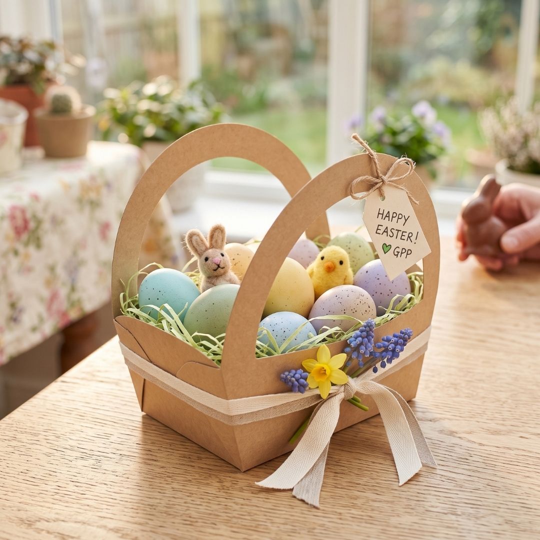 A kraft paper basket filled with pastel Easter eggs, a small bunny figure, green paper filler, a yellow chick toy, and decorative flowers, tied with a cream ribbon and a hanging tag that reads 'Happy Easter! GPP'. The basket sits on a wooden table in a bright indoor setting with a blurred hand visible on the right.