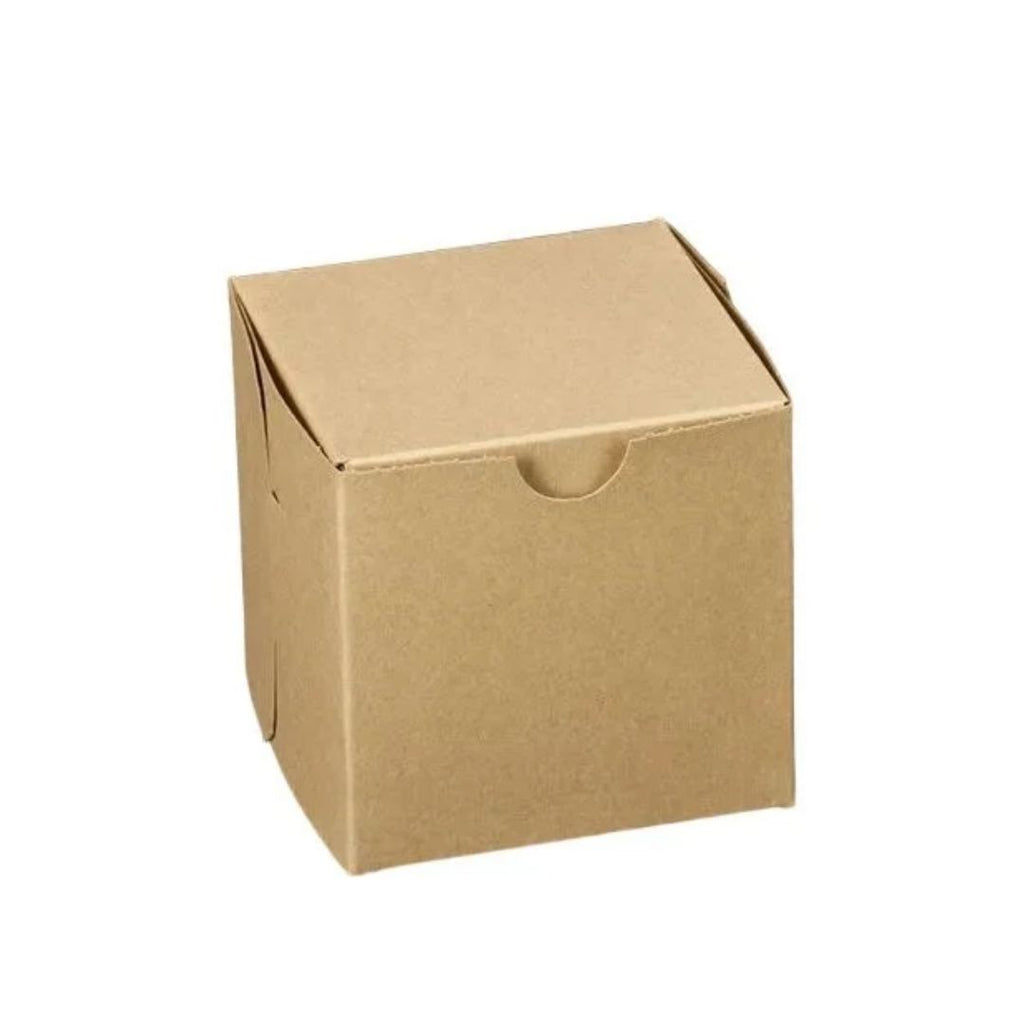 A small square brown kraft paper box with a hinged lid and a small cutout on the front, shown on a plain white background.