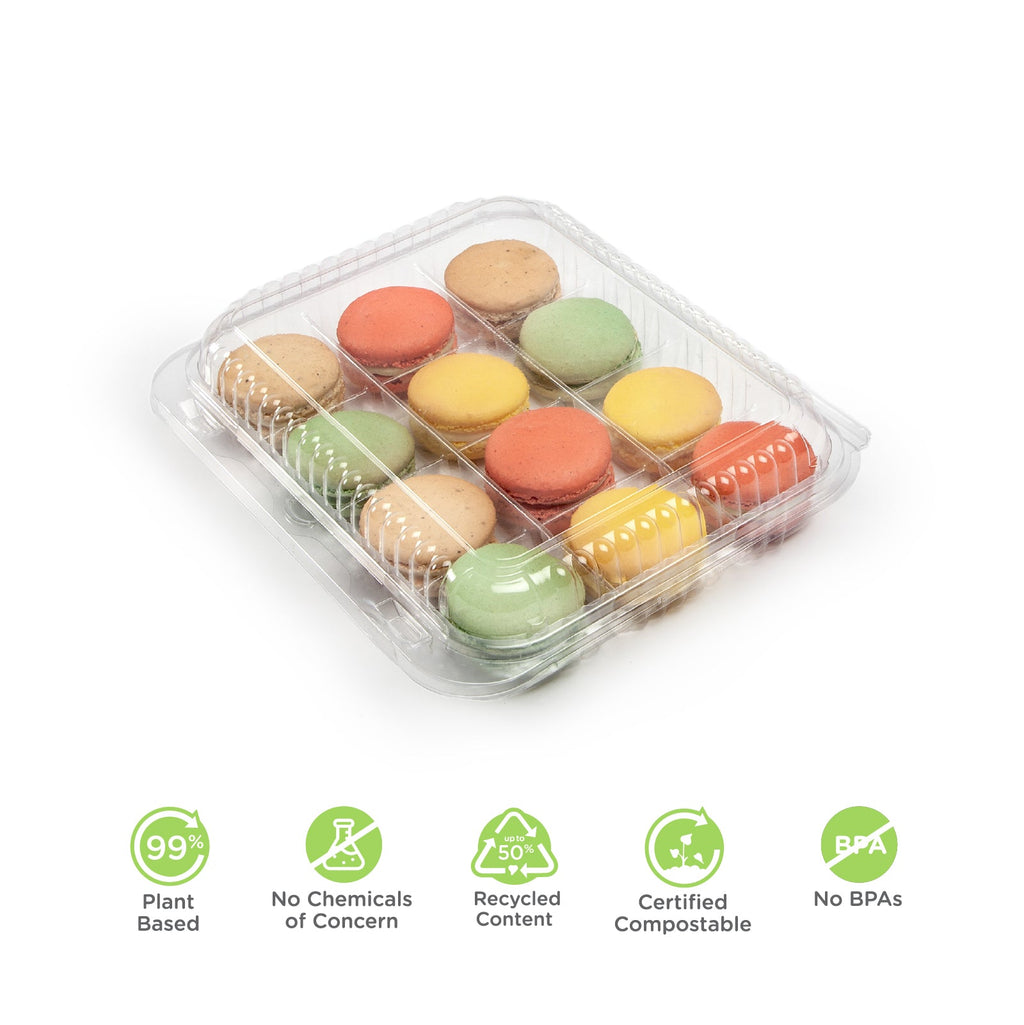 Compostable treat packaging on a white background with product feature information.