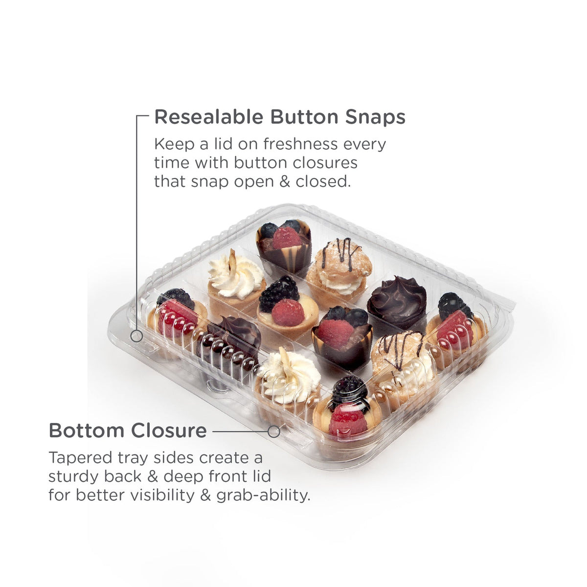 Single-bite treat container for 12 on a white background with product features noted.