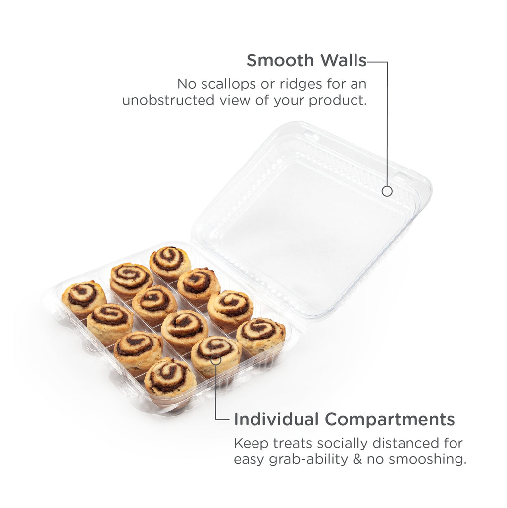 Mini-cinnabun treats in a clear hinged dessert container on a white background with product features needed.
