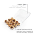 Mini-cinnabun treats in a clear hinged dessert container on a white background with product features needed.