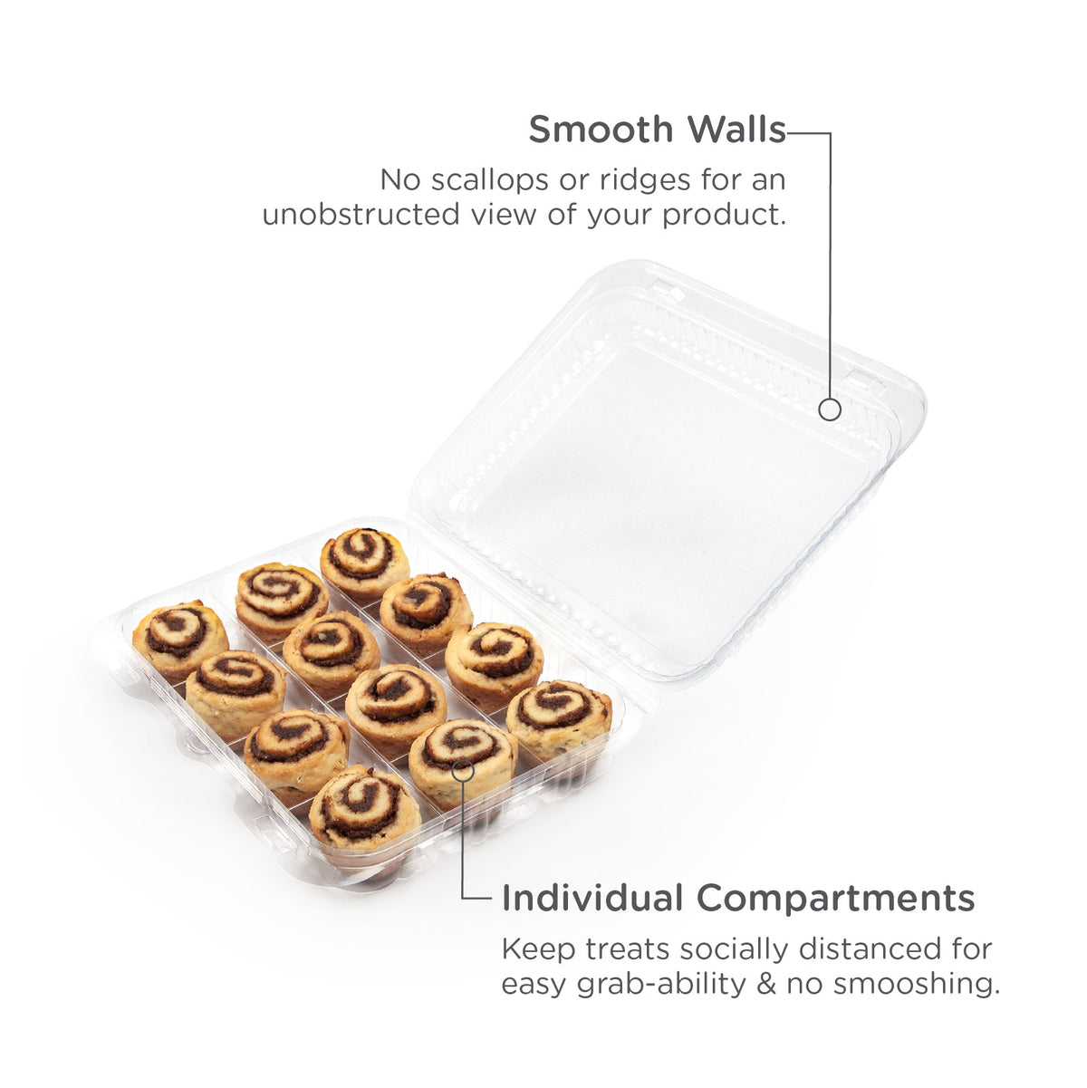 Mini-cinnabun treats in a clear hinged dessert container on a white background with product features needed.