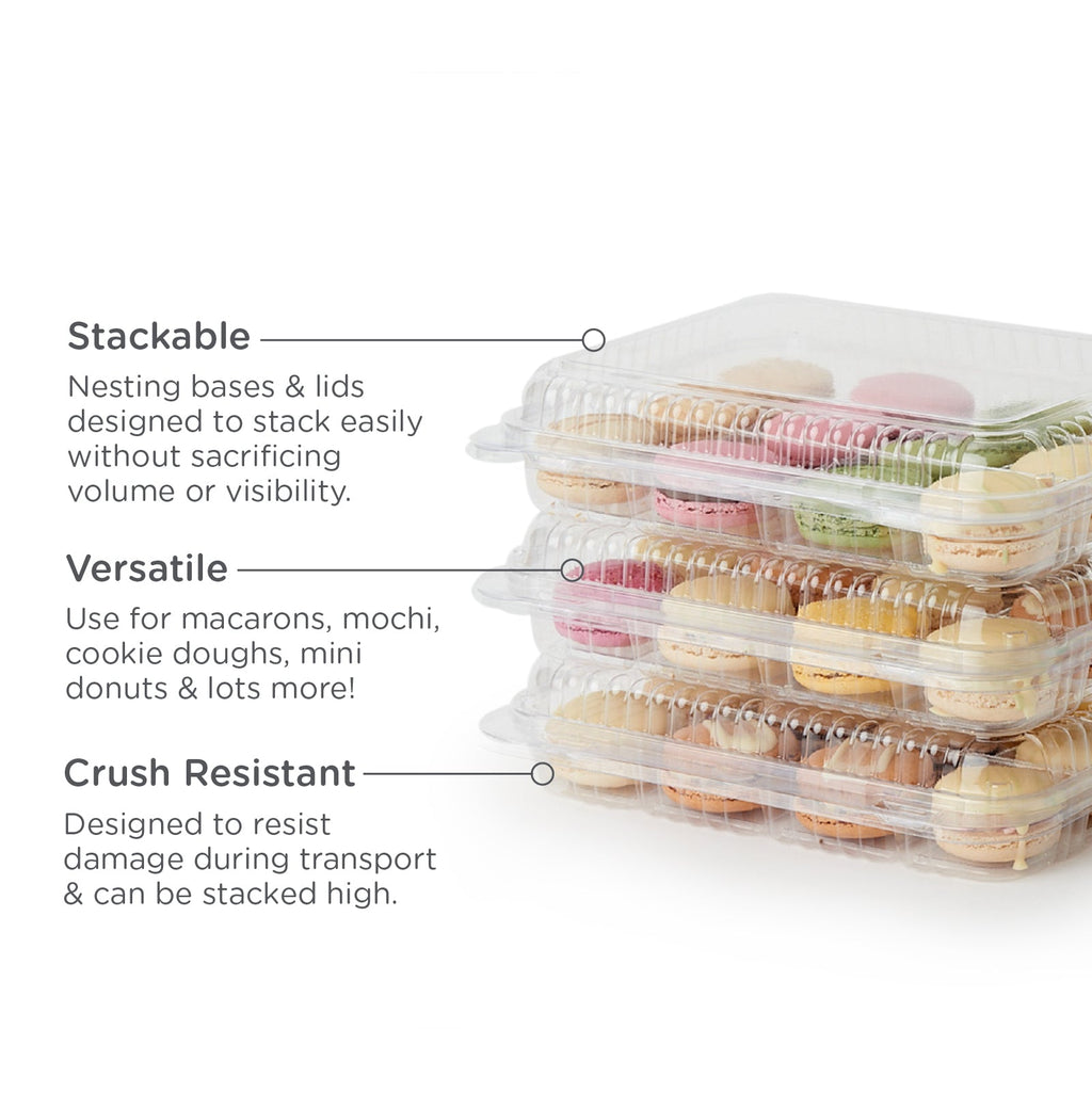 Three treat containers stacked on top of each other on a plain white background with product features listed.