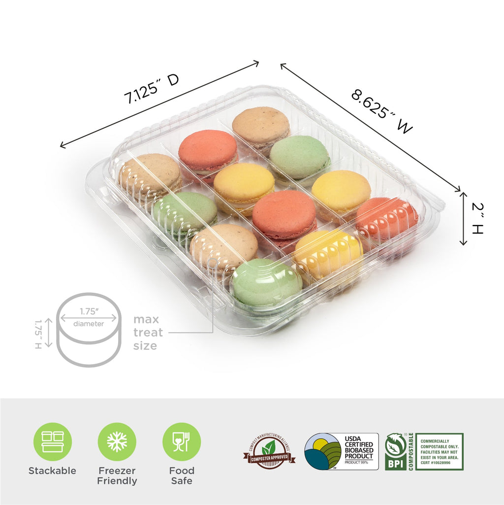 Twelve single-bite container with a hinged lid with labeled dimensions and product information.