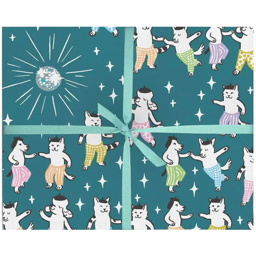 Patterned wrapping paper with animals and a disco ball on a blue background