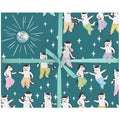 Patterned wrapping paper with animals and a disco ball on a blue background