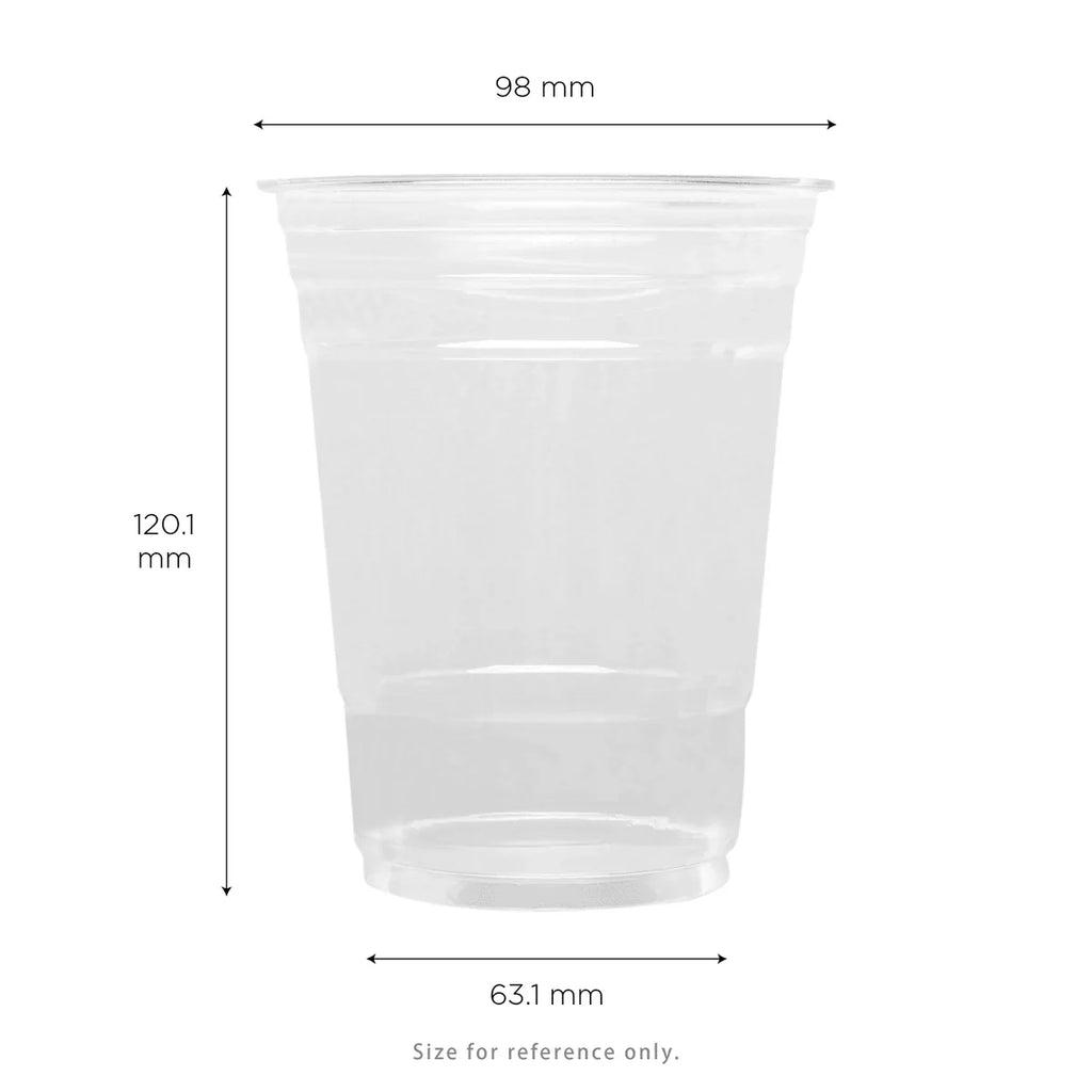 Clear plastic cup with dimensions labeled on a white background