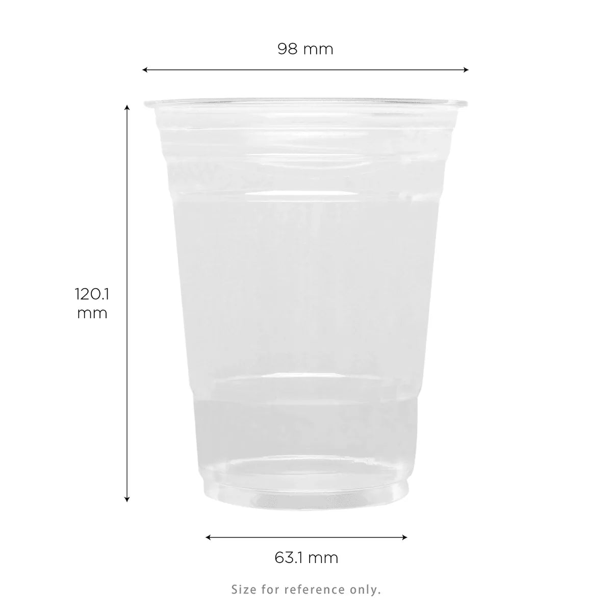 Clear plastic cup with dimensions labeled on a white background
