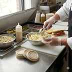 A person putting noodle salad in a portion cup in a kitchen setting with various food items and utensils.