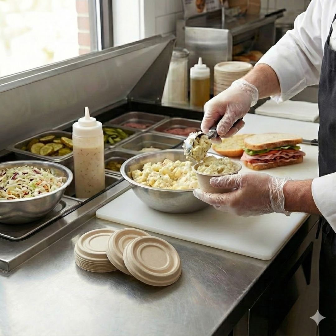 A person putting noodle salad in a portion cup in a kitchen setting with various food items and utensils.