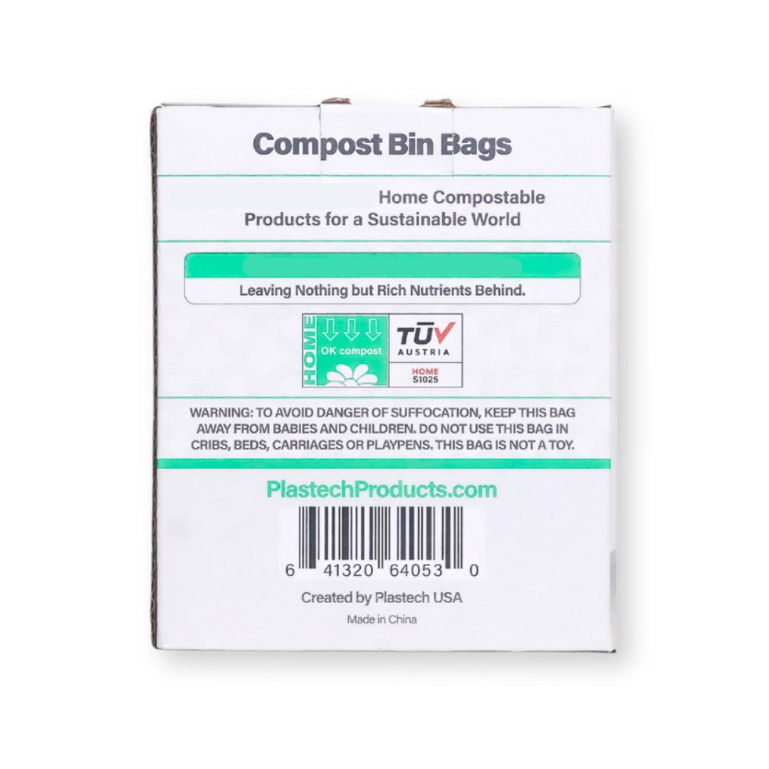 Box of home compost bin bags with branding and product information on a white background