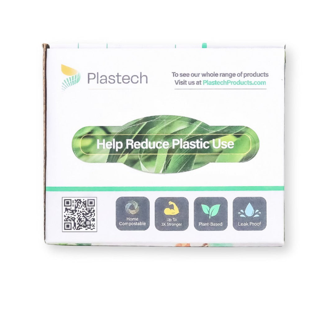 Plastech product packaging with green leaf design and text on a white background
