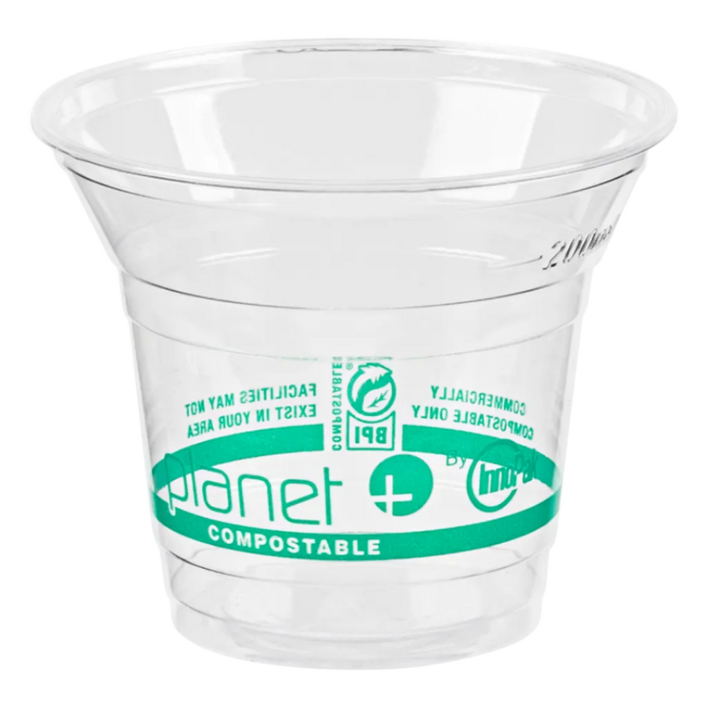 Clear compostable cup with 'Planet Compostable' label on a white background