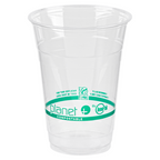 Clear compostable cup with green label on a white background