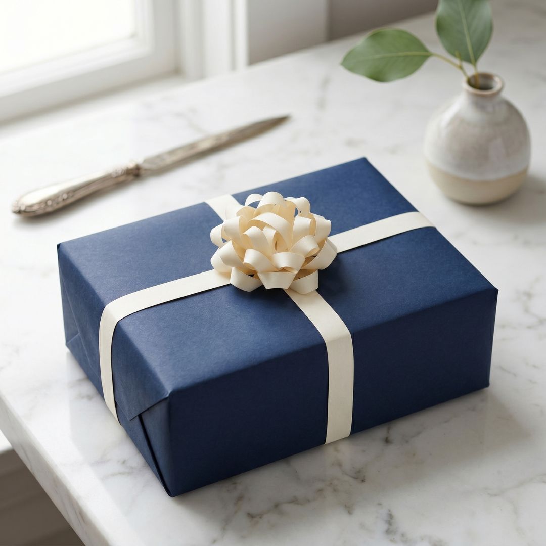 Blue gift box with a cream ribbon and bow on a marble surface.