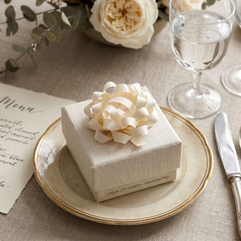 Neatly wrapped gift box with cream ribbon on a table setting with flowers and glasses.