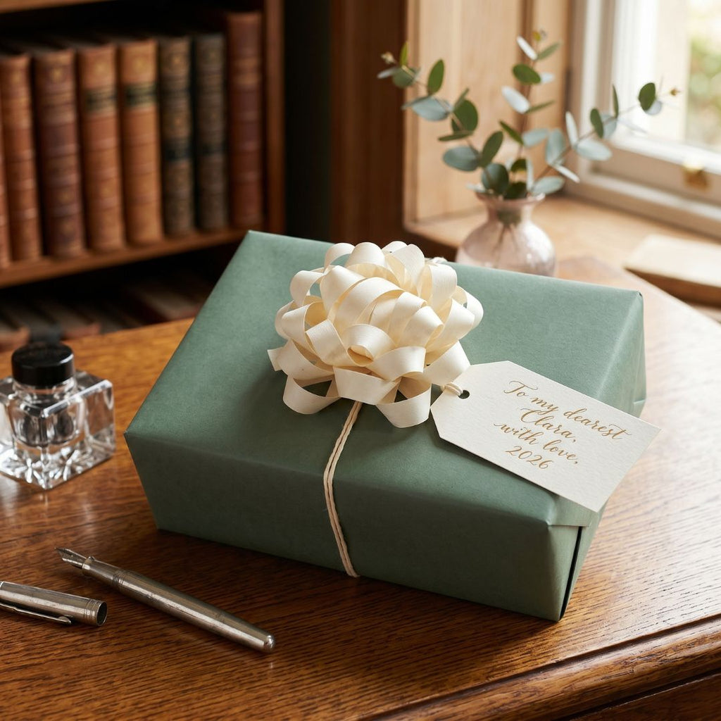 Green gift box with a cream ribbon and personalized tag on a wooden surface, with books and a vase in the background.