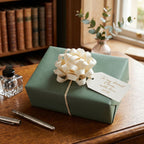 Green gift box with a cream ribbon and personalized tag on a wooden surface, with books and a vase in the background.