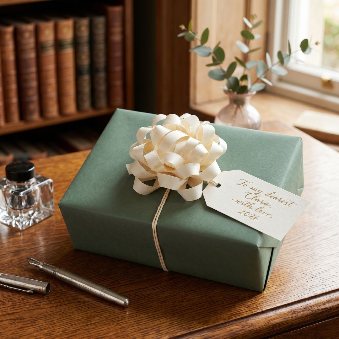 Green gift box with a cream ribbon and personalized tag on a wooden surface, with books and a vase in the background.