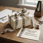 Gift wrapped in piano-themed paper with a bow on a wooden table, accompanied by a card.