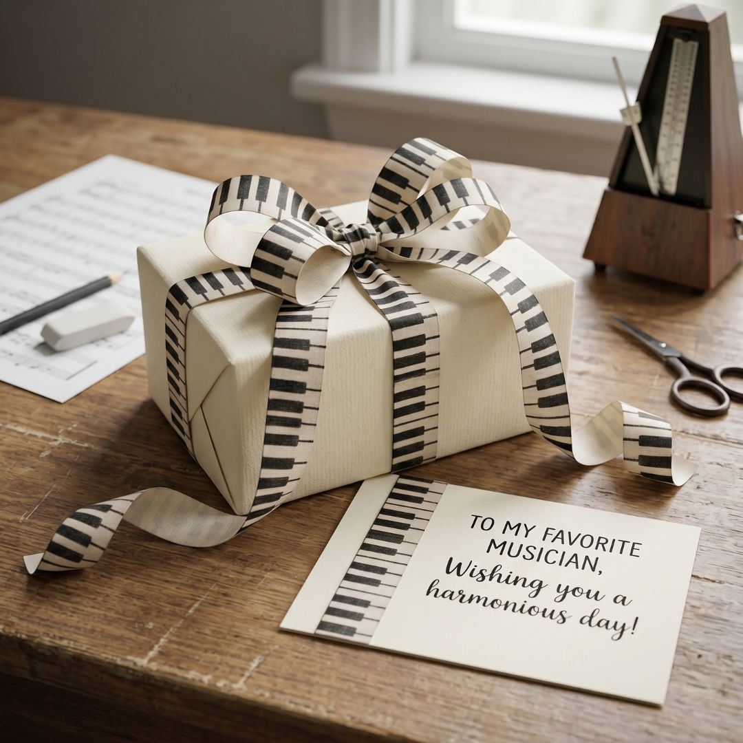 Gift wrapped in piano-themed paper with a bow on a wooden table, accompanied by a card.