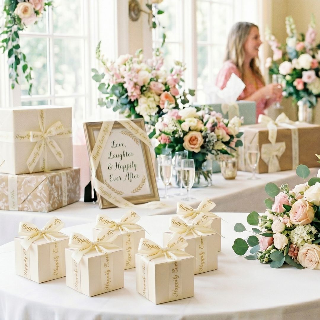 Decorative table setting with gift boxes wrapped with wedding ribbon, flowers, and a framed sign in a bright room.