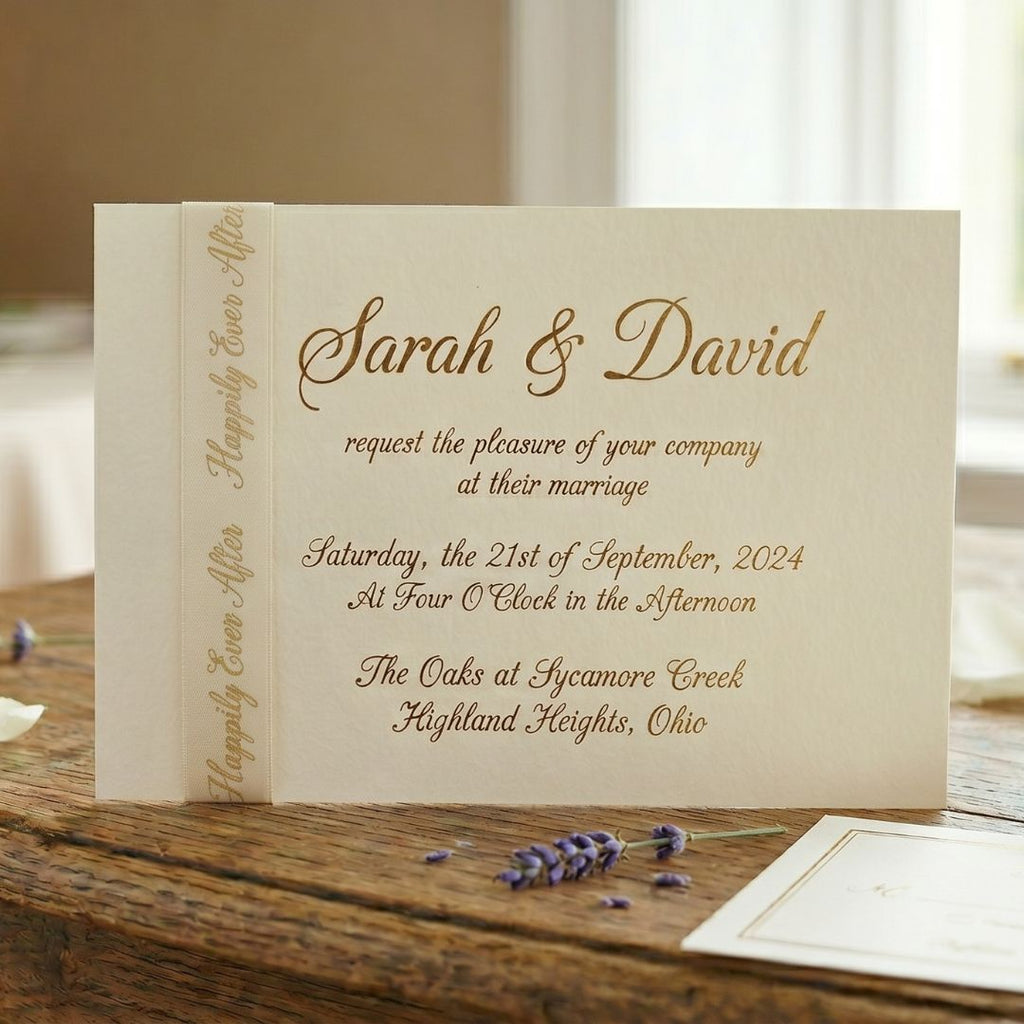 Wedding invitation card featuring a ribbon accent for Sarah & David on a wooden table with lavender flowers.