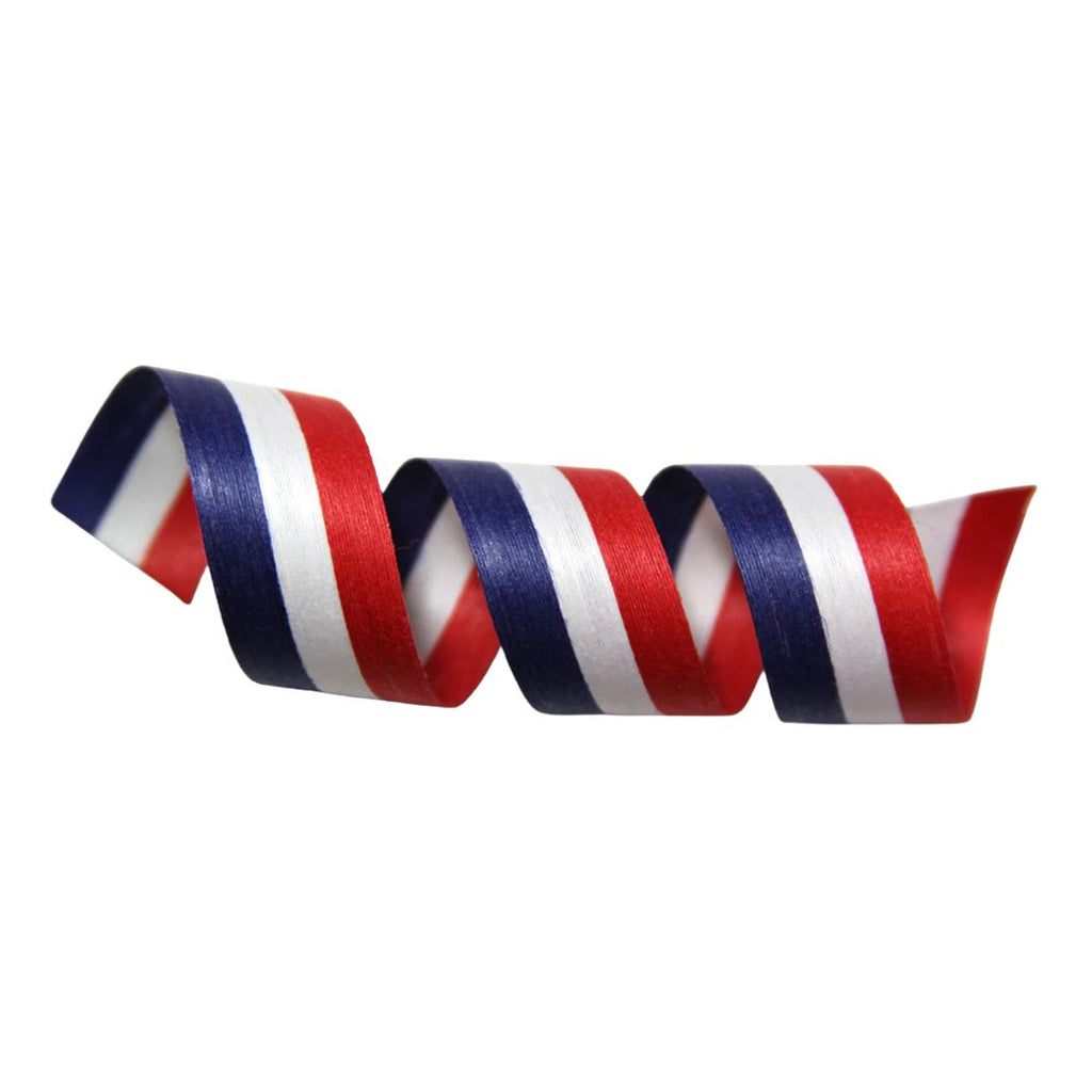 Twisted ribbon in red, white, and blue on a white background