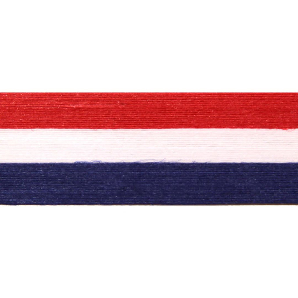 Narrow ribbon with red, white, and blue stripes on a white background