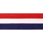 Narrow ribbon with red, white, and blue stripes on a white background
