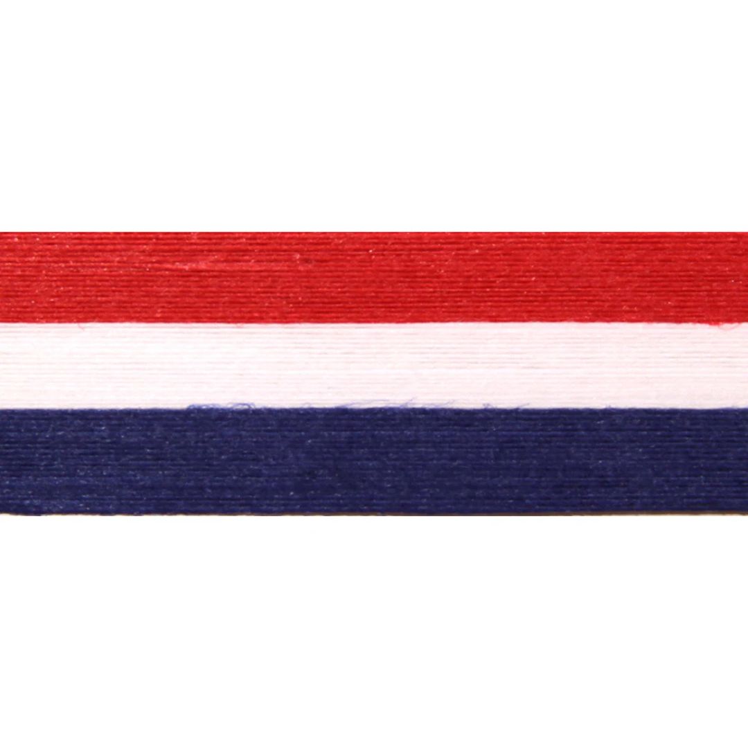 Narrow ribbon with red, white, and blue stripes on a white background