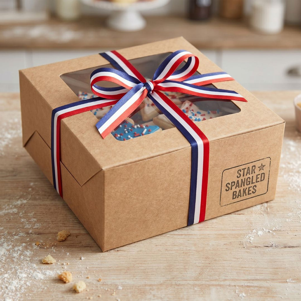 Brown paper cake box with a red, white, and blue ribbon on a wooden surface.