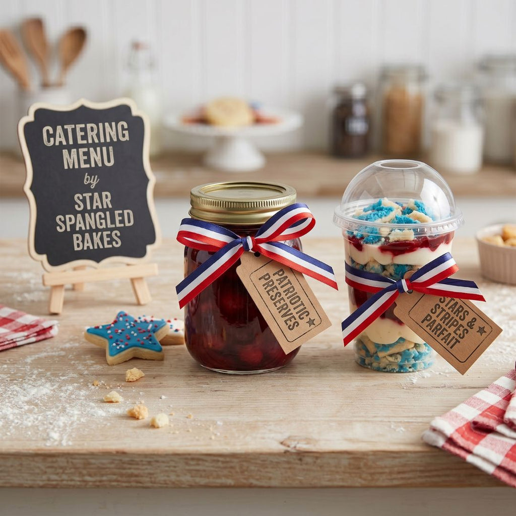 Jars of preserves and a dessert with patriotic ribbons on a wooden table.