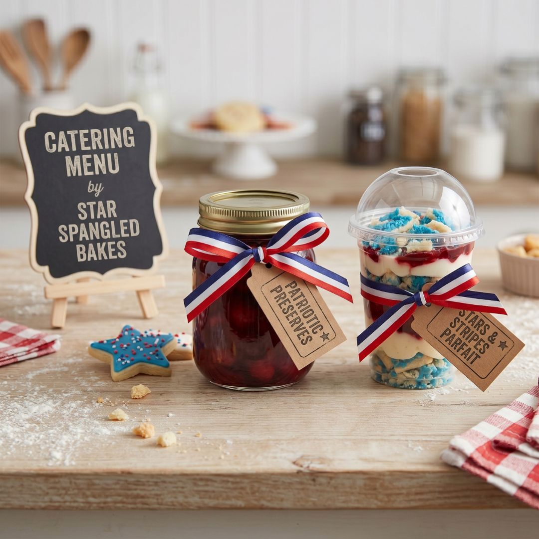 Jars of preserves and a dessert with patriotic ribbons on a wooden table.