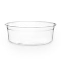 Clear compostable plastic deli container on a white background