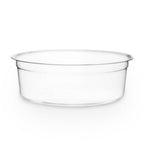Clear compostable plastic deli container on a white background