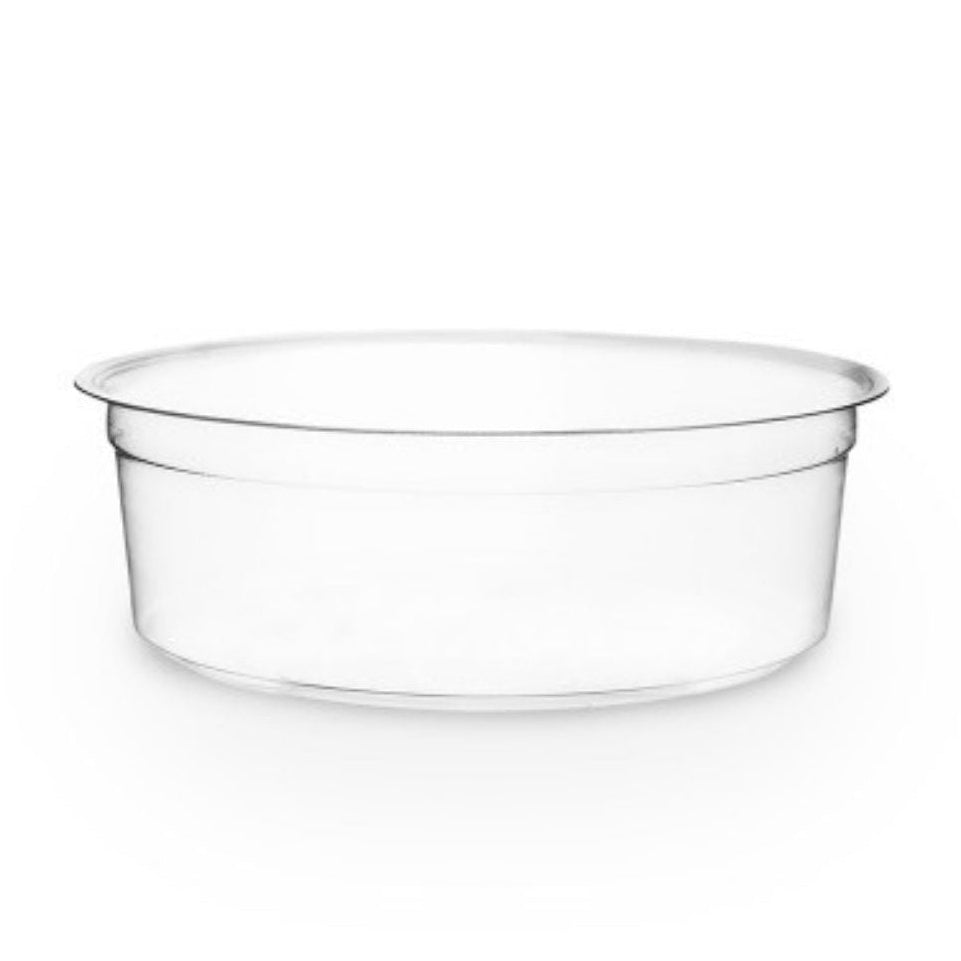 Clear compostable plastic deli container on a white background