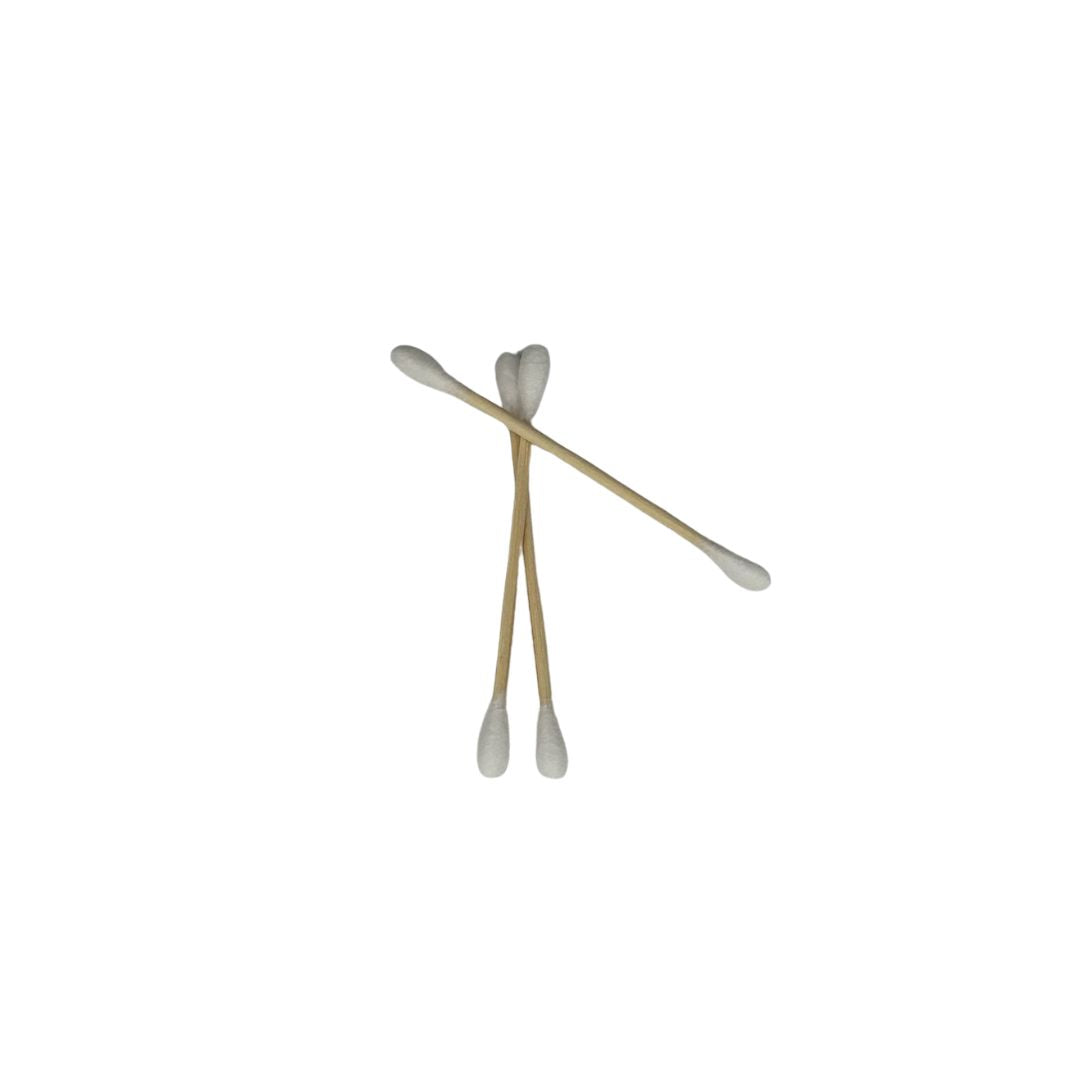 Three cotton swab sticks with light wood sticks and white cotton tips, arranged on a plain white background.