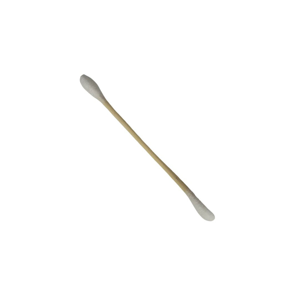 A single cotton swab with a light brown wooden handle and white cotton tips, shown diagonally on a plain white background.
